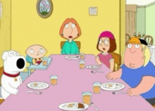 a cartoon family sitting around a table with plates of food