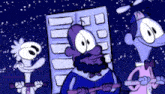a group of cartoon characters are standing next to each other in front of a building