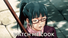 a girl with glasses is holding a wooden stick and says watch me cook
