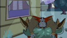 a cartoon character with a red cape is laying on the floor in front of a window