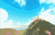 a painting of a mountain with flowers on it