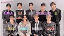 a group of young men are posing for a picture with the names fuma ej jo nicholas k and maki