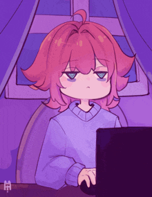 a drawing of a girl with pink hair sitting in front of a computer