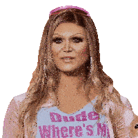 a woman wearing a shirt that says " dude where 's m "