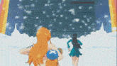 nami and robin are walking in the snow and nami is wearing a blue hat with an x on it
