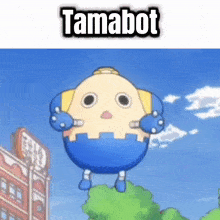 a cartoon character is flying in the air with the word tamabot written above it .