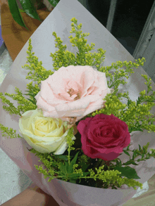 a person is holding a bouquet of pink and yellow roses wrapped in pink paper