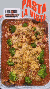 a casserole dish with meatballs and broccoli with the words pasta la vista behind it