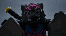 a cartoon character with a sword and a shield has a pink face