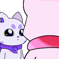 a cartoon drawing of a cat with a purple scarf