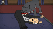 a cartoon of a man laying on the floor being attacked by a dog with the letters as on the bottom right