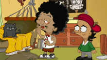two cartoon characters are standing in a room with a cat on the couch