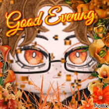 a picture of a girl with glasses and the words " good evening "
