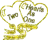 two gold hearts with the words two hearts as one