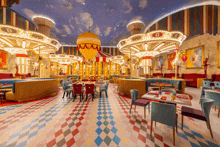 a large room with tables and chairs and a hot air balloon