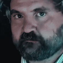 a close up of a man 's face with a beard and blue eyes