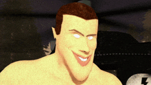 a man without a shirt is smiling with a lightning bolt behind him