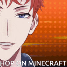 a close up of a person 's face with the words hop on minecraft written below it