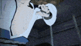 a cartoon of a person holding a microphone in their hand
