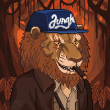 a pixel art drawing of a lion wearing a jungle hat and smoking a cigar