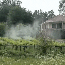 a house with smoke coming out of the chimney in front of it