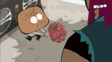 a cartoon character is holding a bouquet of pink flowers in front of a laundromat