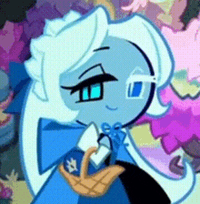 a close up of a cartoon character holding a basket in her hand .