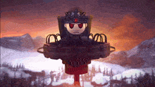 a cartoon character with red eyes and a crown on his head stands in a snowy area
