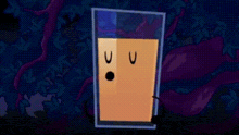 a glass of orange juice with a surprised face on it .