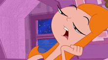 a cartoon character with orange hair is laying down with her hand on her chin