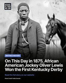 a black and white photo of an african jockey standing next to a black horse