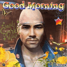 a picture of a bald man with the words good morning written on it