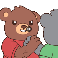 a cartoon of a teddy bear holding another teddy bear 's arm with a video playing in the background