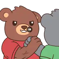a cartoon of a teddy bear holding another teddy bear 's arm with a video playing in the background