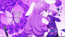 a girl with purple hair and bunny ears is surrounded by purple roses