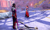 a man in a red coat is standing next to a man in a purple robe