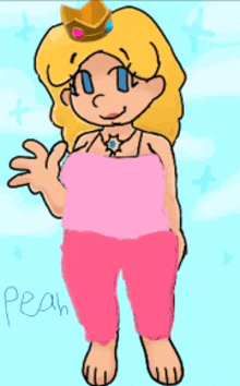 a cartoon drawing of princess peach with the word peach written below her