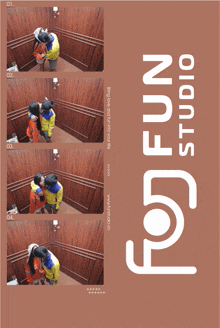 a poster for fun studio shows a couple kissing on a staircase