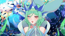 a drawing of a girl with green hair and blue wings