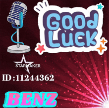 a poster with a microphone and the words " good luck "