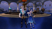 a man and a woman are dancing in a room with a fountain in the background
