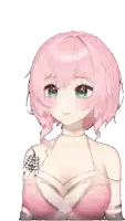 a girl with pink hair and blue eyes is wearing a pink bra