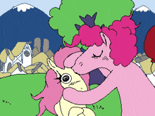 a pink pony kissing a yellow pony in a cartoon