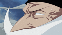 a close up of a person 's face with a white mustache