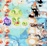 a bunch of cartoon characters are fighting each other on a blue background