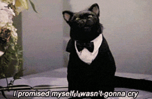a black cat wearing a tuxedo and bow tie says i promised myself i was n't gonna cry