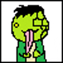 a pixel art drawing of a person wearing a green sweater and a pink scarf .