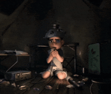 a cartoon character wearing a helmet is sitting on the floor in a dark room