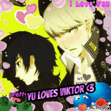 a picture of two anime characters with the words pretty yu loves viktor < 3 at the bottom