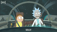 a cartoon of rick and morty in a spaceship with the words sold below them